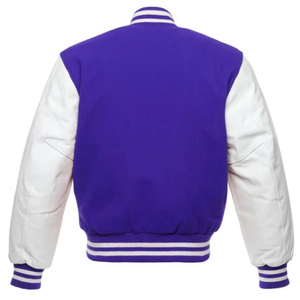 royal blue and white leather sleeve letterman varsity jacket back