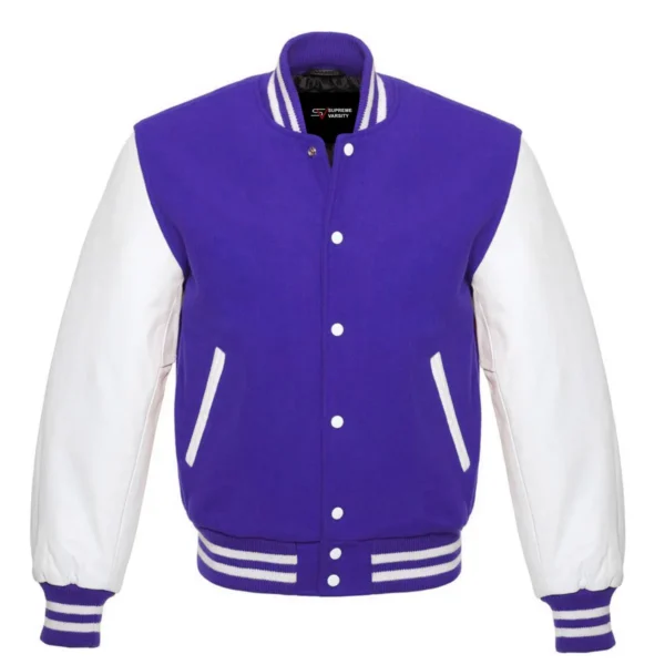 royal blue and white leather sleeve letterman varsity jacket