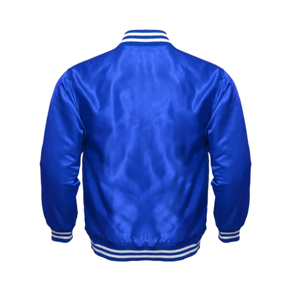 royal blue satin bomber varsity jacket white rib back