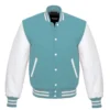 sky blue and white leather sleeve letterman varsity jacket