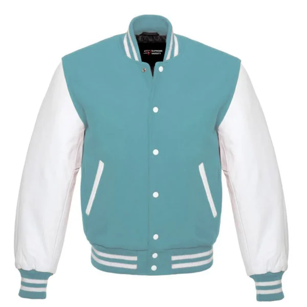 sky blue and white leather sleeve letterman varsity jacket