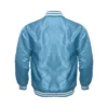 sky blue satin bomber varsity jacket white rib back