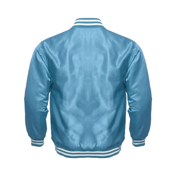 sky blue satin bomber varsity jacket white rib back