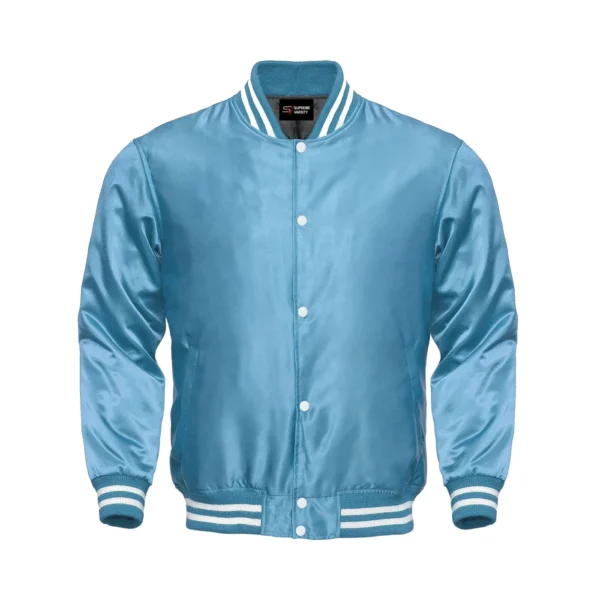 sky blue satin bomber varsity jacket white rib