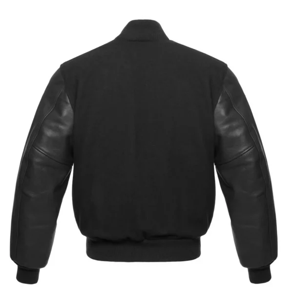 solid black leather sleeve letterman varsity jacket back