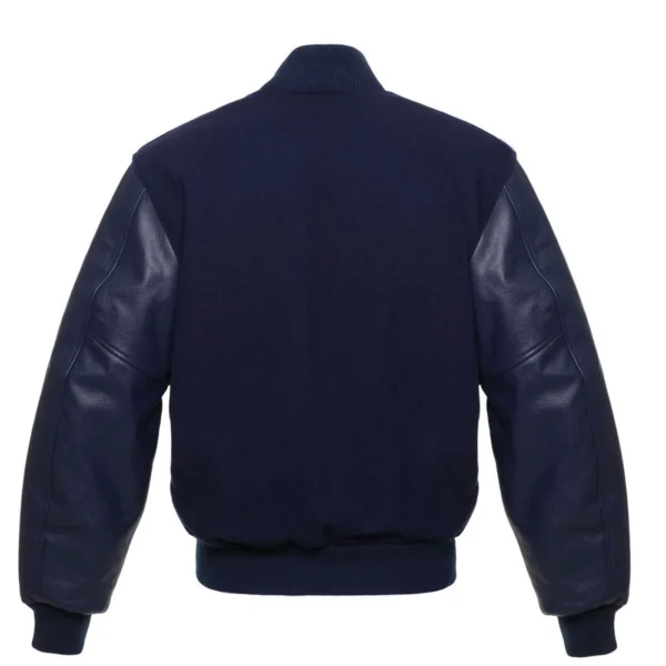 solid navy leather sleeve letterman varsity jacket back