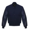 solid navy leather sleeve letterman varsity jacket