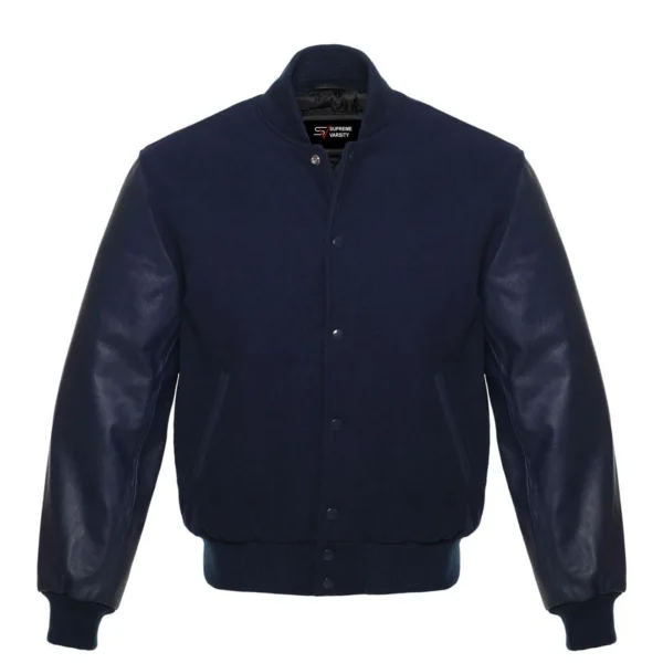 solid navy leather sleeve letterman varsity jacket