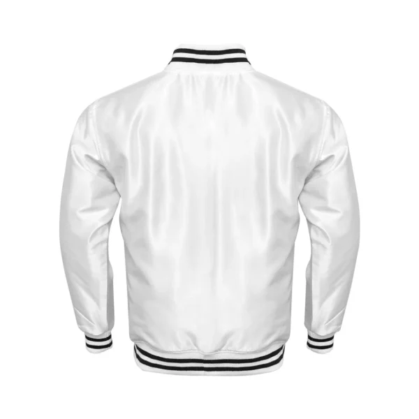 white satin bomber varsity jacket black rib back