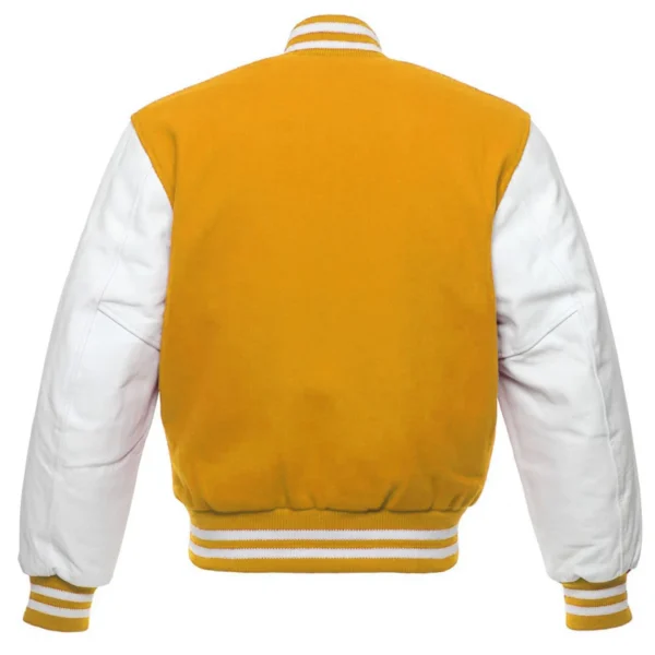 yellow and white leather sleeve letterman varsity jacket back