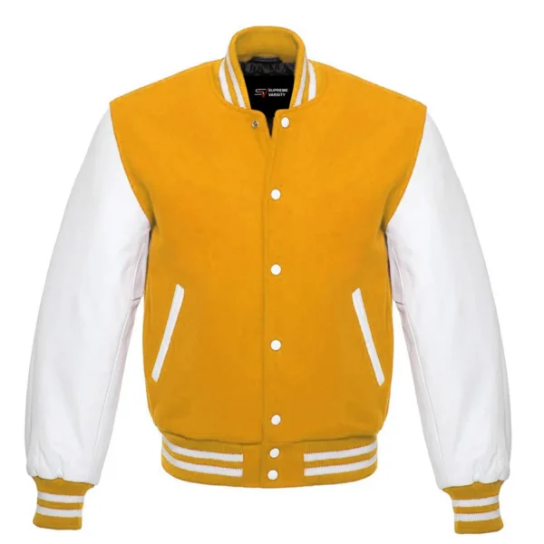 yellow and white leather sleeve letterman varsity jacket
