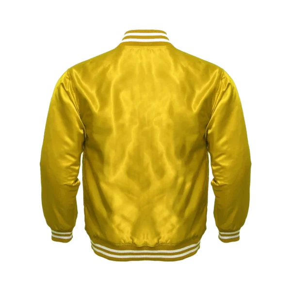 yellow satin bomber varsity jacket white rib back
