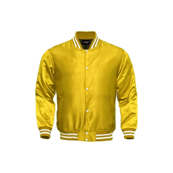yellow satin bomber varsity jacket white rib