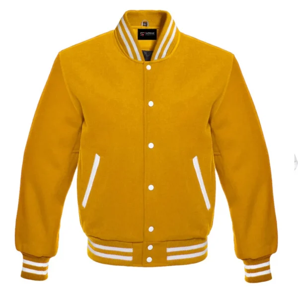 yellow wool letterman varsity jacket white rib