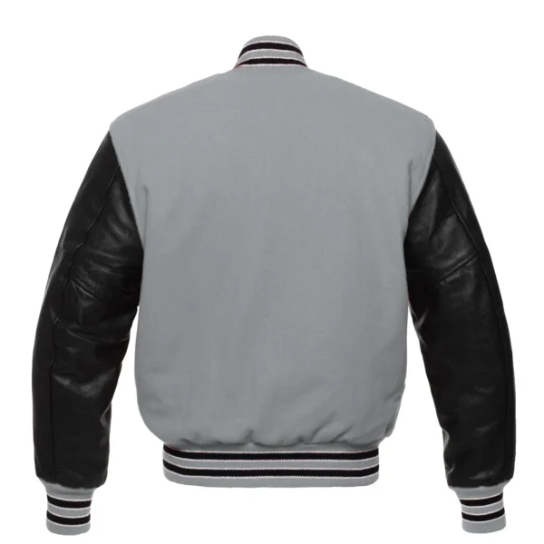 Grey and black leather sleeve letterman varsity jacket back