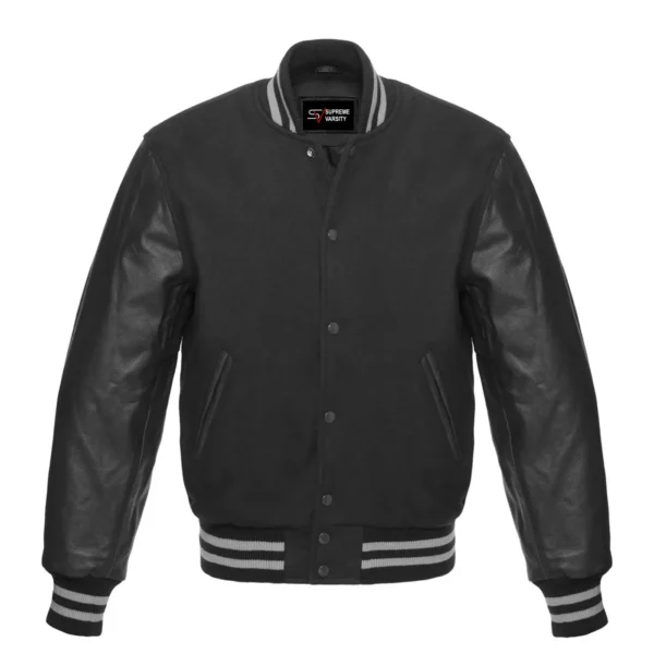 black letterman leather sleeve varsity jacket grey stripes