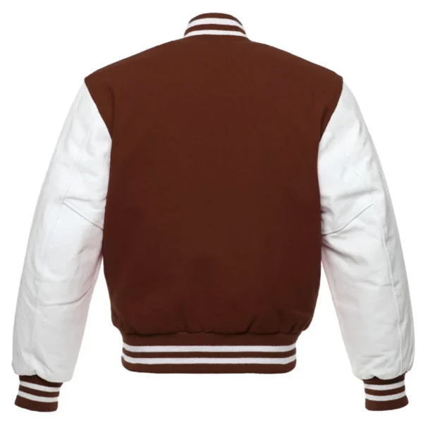 dark brown and white leather sleeve letterman varsity jacket back