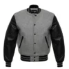 heather gray and black letterman leather sleeve varsity jacket