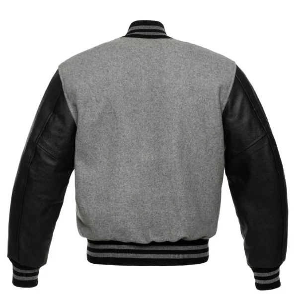 heather gray and black letterman leather sleeve varsity jacket back